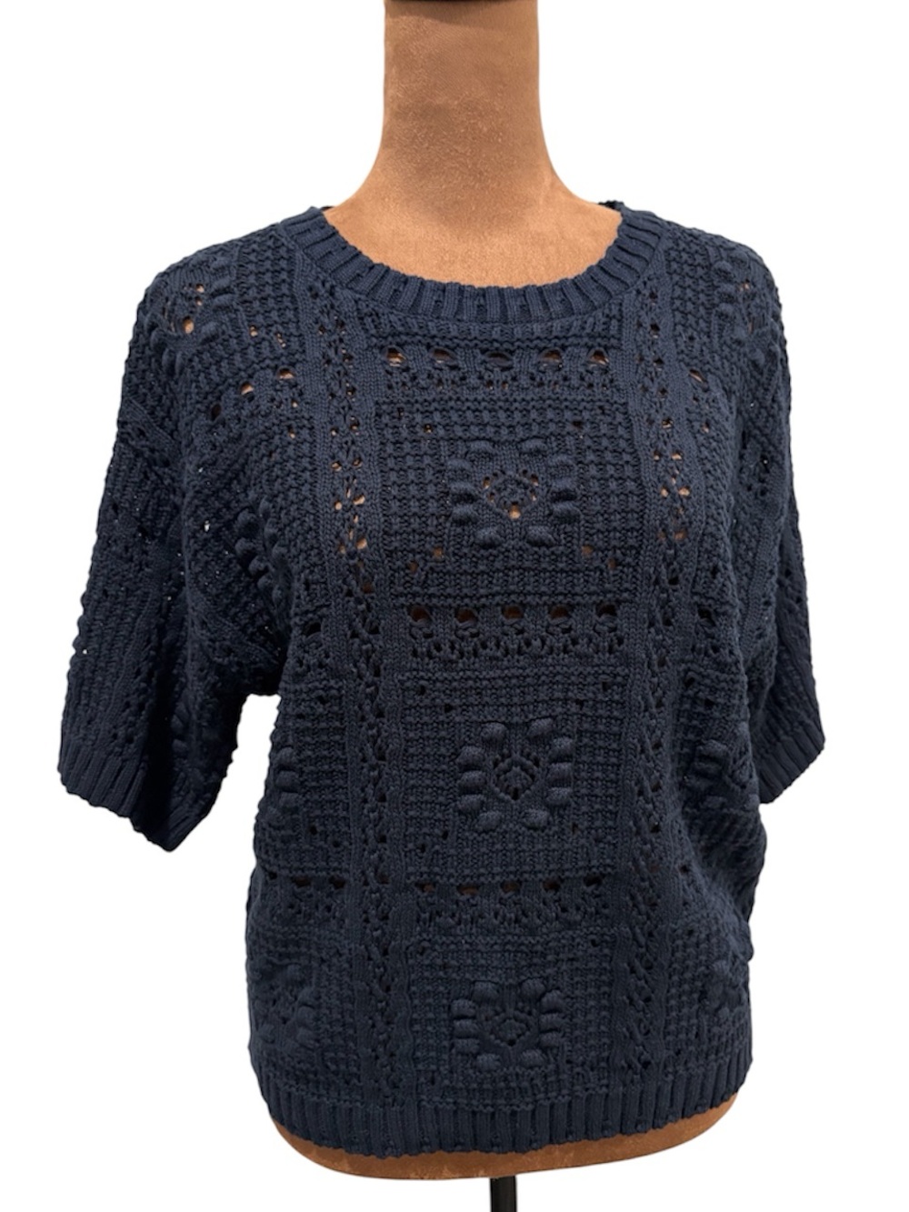 Joie "College Knit" Short Sleeve Crochet Sweater - Eclipse Navy Blue (Size S)